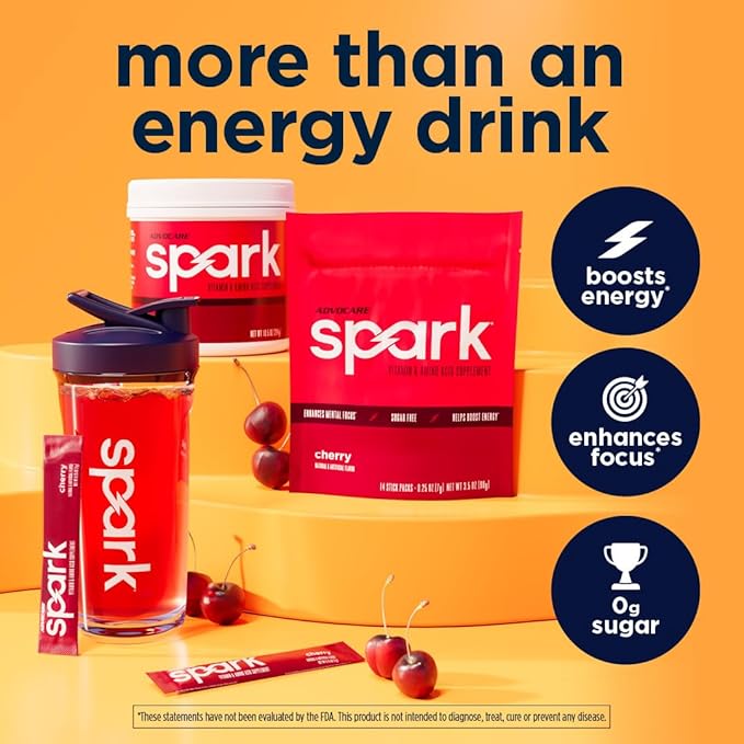 AdvoCare Spark - Energy Drink Mix - Vitamin &amp Amino Acid Supplement - Supports Energy &amp Focus - Portable Immune Support - Sugar-Free - Cherry (10.5 oz)