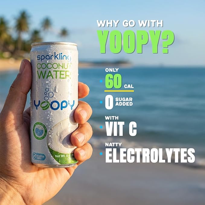 Yoopy Sparkling Coconut Water – Lightly Carbonated Tropical Drink No Sugar Added Healthy Soda Alternative Refreshing Non Alcoholic Beverage - 12 pack (8.45 fl oz cans)