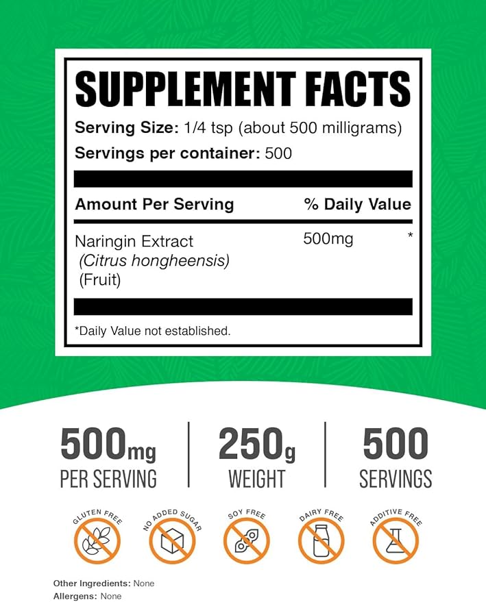 BulkSupplements.com Naringin Extract Powder - Sourced from Citrus Fruit Naringin Supplement - Herbal Supplement Gluten Free 500mg per Serving 250g (8.8 oz) (Pack of 1)