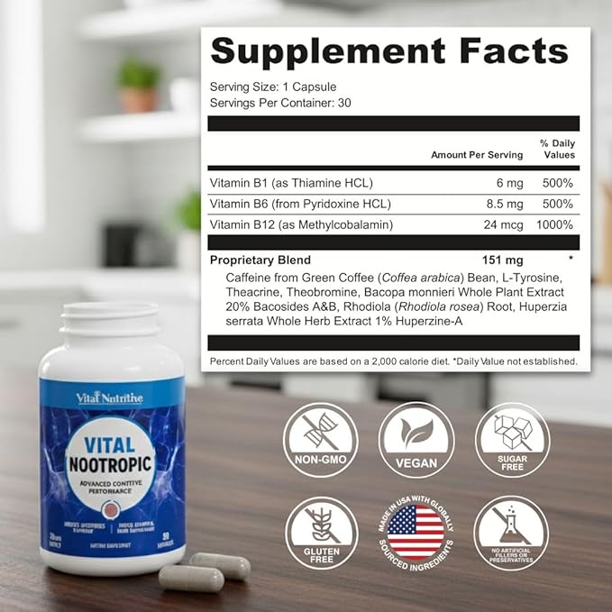 Vital Nootropic 12-in-1 Brain Supplement for Memory Focus &amp Energy Support – L-Tyrosine Bacopa Rhodiola Caffeine B Vitamins – Cognitive Balance Capsules for Men &amp Women-30 Days Supply