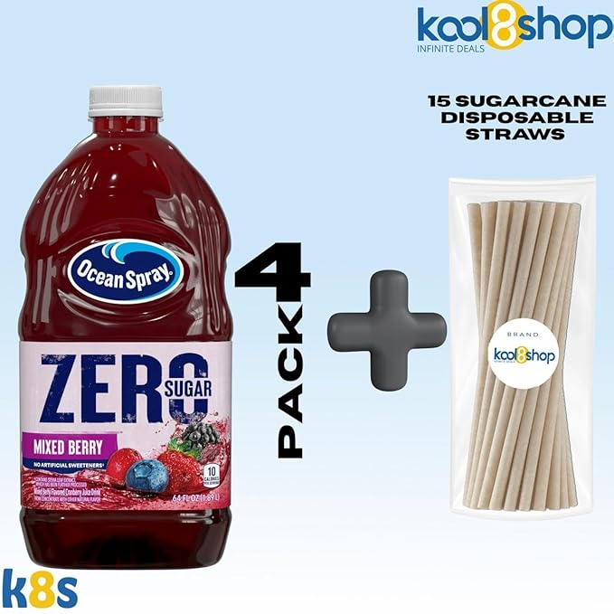 Ocean Spray Zero Sugar Mixed Berry Fruit Juice Drink 64 fl oz 4 Pack + 15 Sugarcane Disposable Straws by KOOL8SHOP Infinite Deals