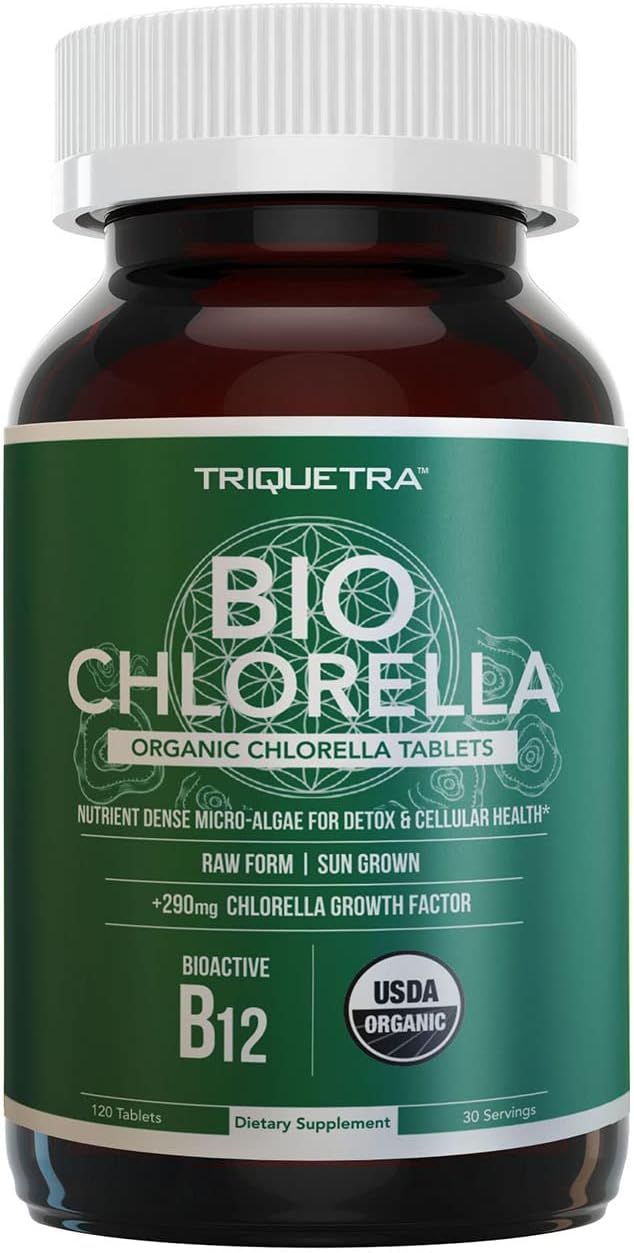 Organic Chlorella: 3 Organic Certifications – Broken Cell Wall Form Blue Green Algae - Raw Sun-Grown Non-Irradiated Maximum Nutrient &amp CGF (Chlorella Growth Factor) Levels - (120 Tablets)