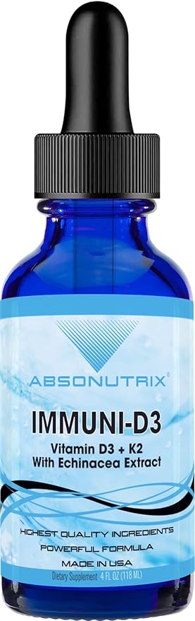 Absonutrix Vitamin D3 K2 Drops 390mg 4 Oz Liquid 302 Servings Made in USA Quick Absorption Quality Potent Ingredients Non-GMO GMP Certified Cruelty-Free Products (Immuni-D3)
