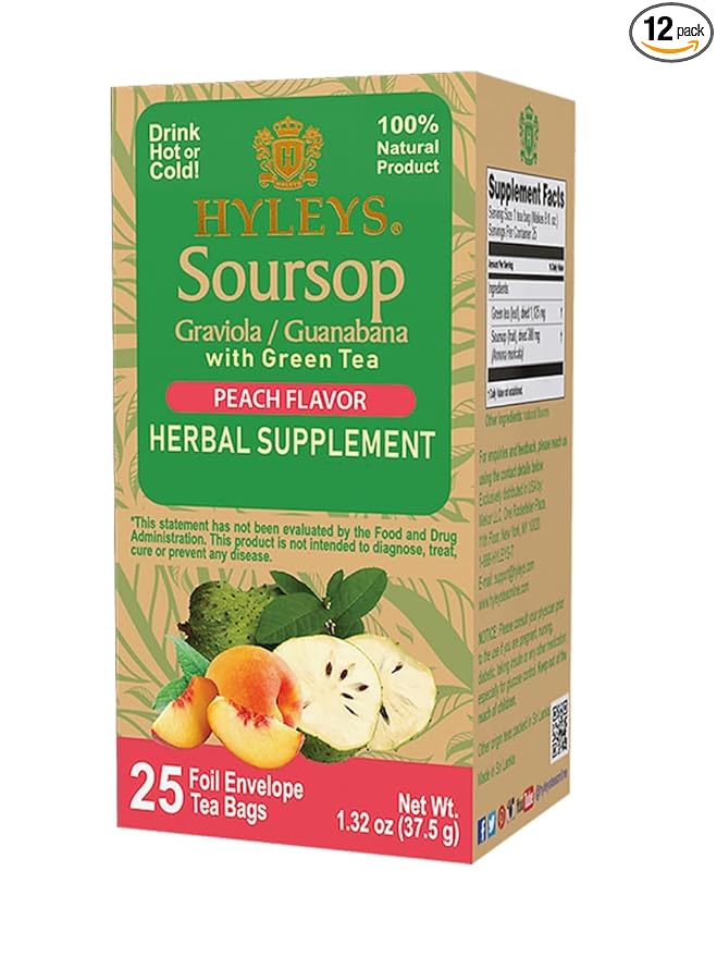 12 Pack of Hyleys Wellness Natural Soursop With Green Tea Peach Flavor - 25 Tea Bags (100% Natural Sugar Free Gluten Free &amp Non-Gmo)