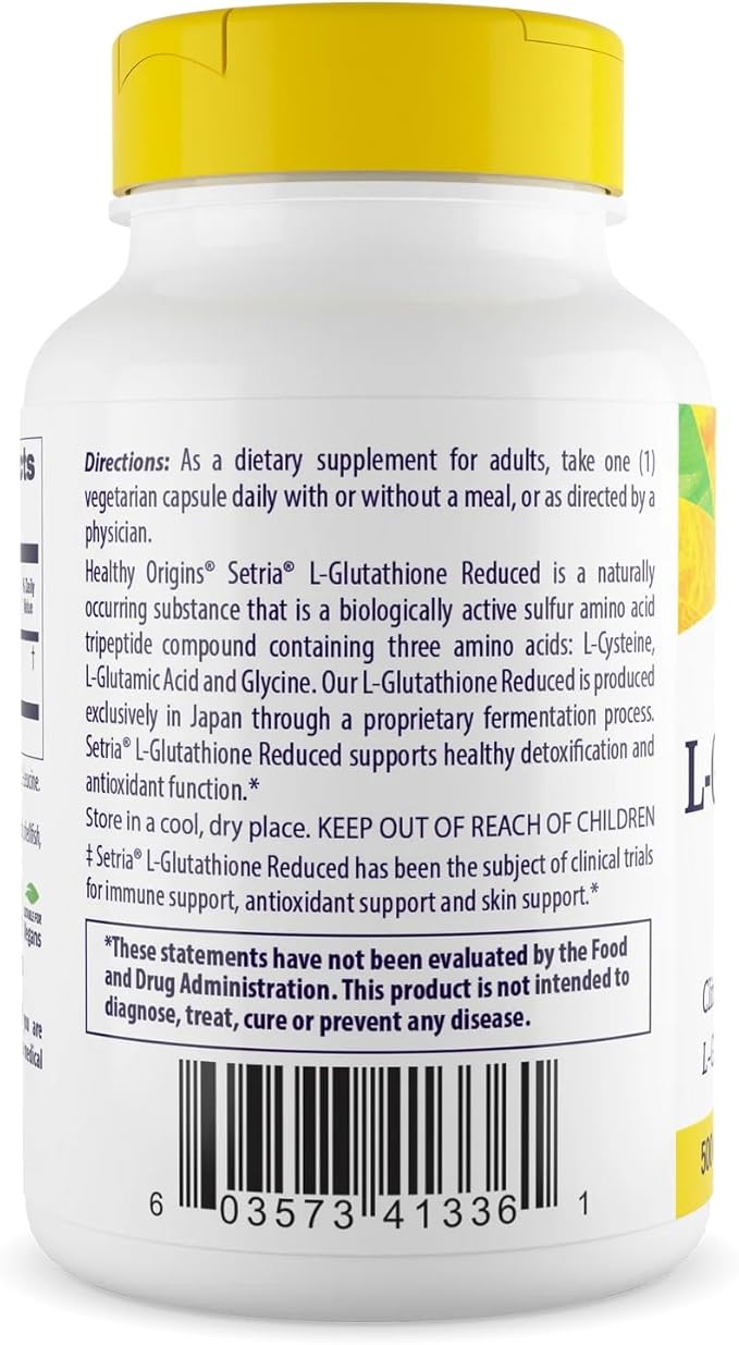 Healthy Origins L-Glutathione 500 mg (Setria Non-GMO Gluten Free Antioxidant Immune Support Skin Support) 60 Veggie Caps