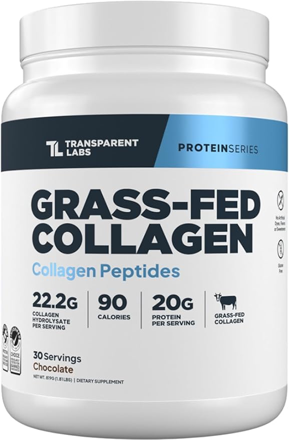 Transparent Labs Grass-Fed Collagen Peptides Powder - Collagen Powder for Women &amp Men 22G Bovine Hydrolyzed Collagen Peptides Powder for Skin Hair Bones &amp Muscle Recovery - Chocolate 30 Se