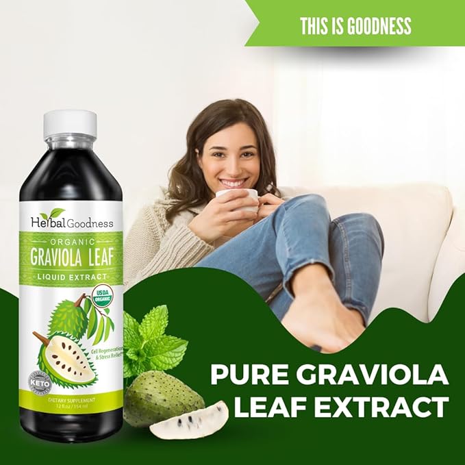 Herbal Goodness Soursop Graviola Liquid Drops 12 Fl Oz - 15X Strength Organic Guanábana Soursop Leaves Extract for Gut Health Cell &amp Immune Support Serene Soursop Drops - Vegan Non-GMO Made in