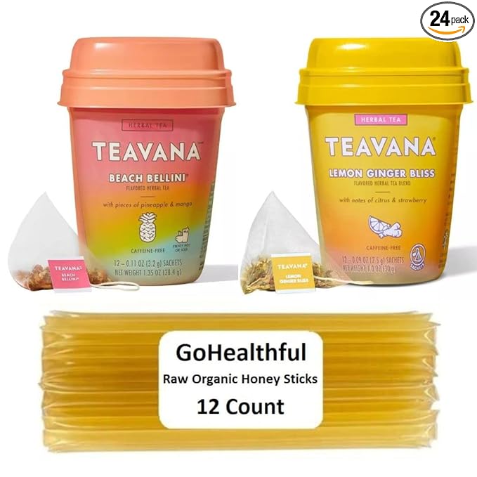 Teavana Beach Bellini and Lemon Ginger Bliss Herbal Tea - 12 Sachets Each (24 Total) Plus 12 GoHealthful Pure Raw Organic Honey Sticks Equal to 2.11 Ounces of Clover Honey