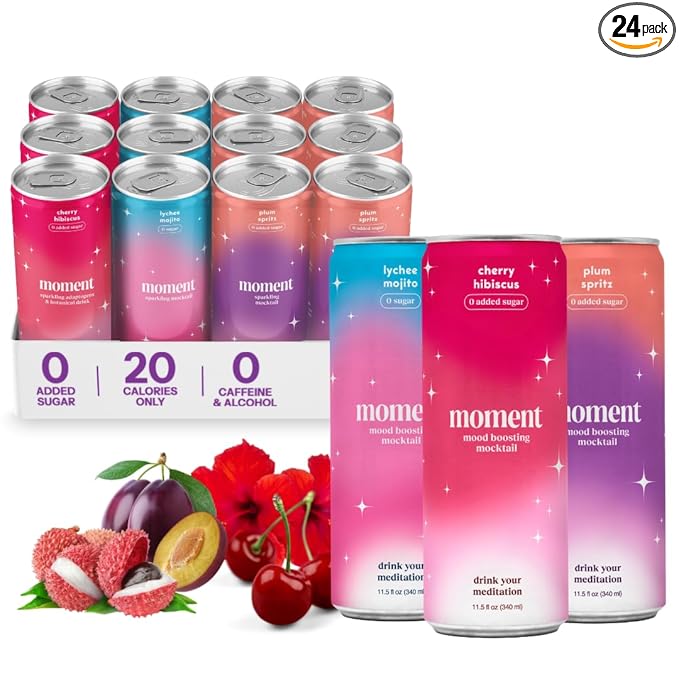 Moment Mocktails Non Alcoholic Drinks (Shark Tank) | SPARKLING Classics Adaptogen Drink | L-Theanine &amp Ashwagandha for Calm &amp Clarity | 0 Added Sugar 0 Caffeine | 24-pack