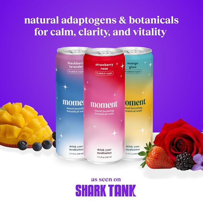 Moment Botanical Soda Soft Drink (Shark Tank) - SPARKLING Drinks | Fruity Fun | L-Theanine &amp Ashwagandha for Calm &amp Clarity | 0 Added Sugar 0 Caffeine | 24-pack