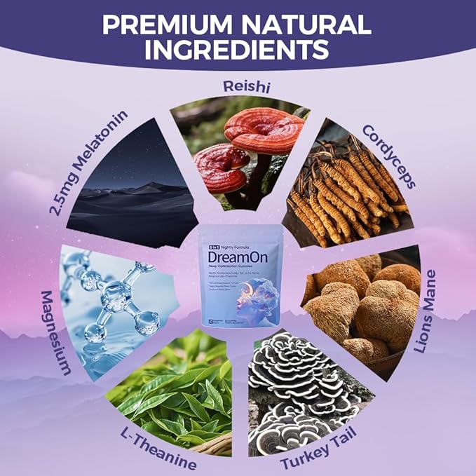 DreamOn Sleep Optimization Gummies with Reishi Cordyceps Lions Mane Turkey Tail L-Theanine Magnesium &amp 2.5mg Melatonin for Sleep Support 60 Gummies