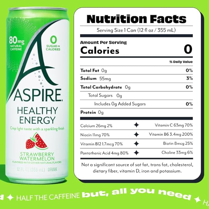 ASPIRE® Strawberry Watermelon Healthy Energy Drink 80mg Natural Caffeine Zero Sugar No Carbs Keto Friendly 12 Pack Green Tea Sugar Free Drink Low Caffeine Zero Calorie