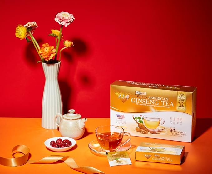 Prince of Peace Instant Wild American Ginseng Tea 80 Sachets – Healthy Drink Caffeine-Free Energy-Boosting Heavy Antioxidants Plant Extract