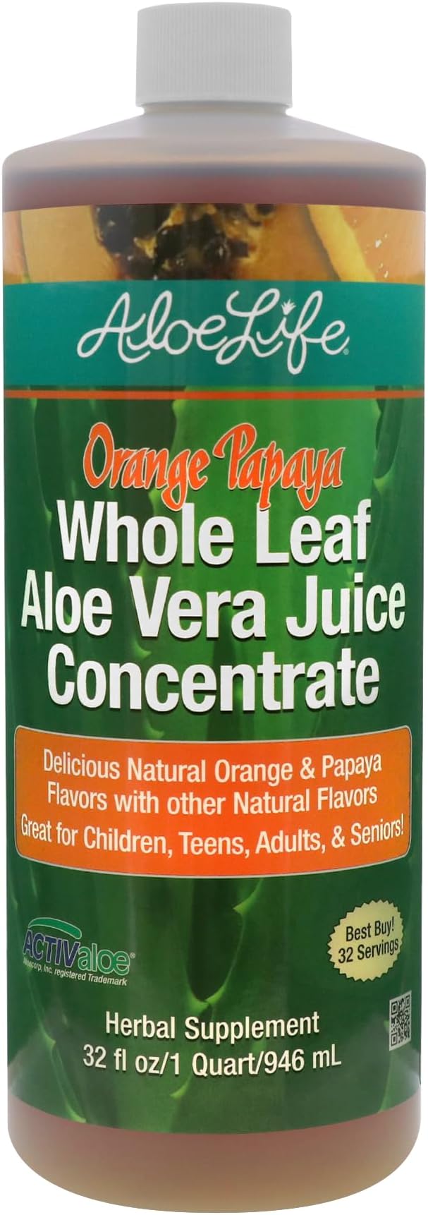 Aloe Life - Whole Leaf Aloe Vera Juice Concentrate Supports Occasional Indigestion Bloating Regularity Energy and Optimum Health (Orange Papaya 32 Ounces)