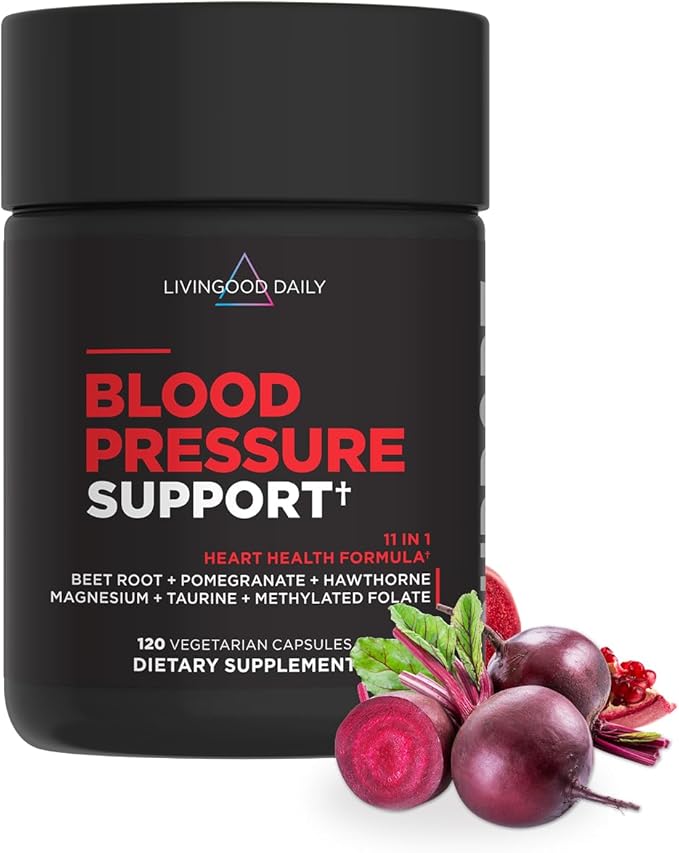Livingood Daily Blood Pressure Support Heart Health Supplement for Men &amp Women with Beet Root Pomegranate Hawthorn Magnesium &amp Taurine Cardiovascular Support Formula Vegan 120 Capsules