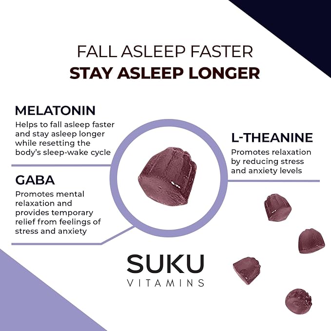 SUKU Restful Sleep Gummies – 3 mg Melatonin L-Theanine &amp GABA – Vegan Sugar-Free Chewable for Relaxation &amp Natural Sleep Support – BlackBerry-Hibiscus Flavor – Non-GMO Gluten-Free – 50 Coun