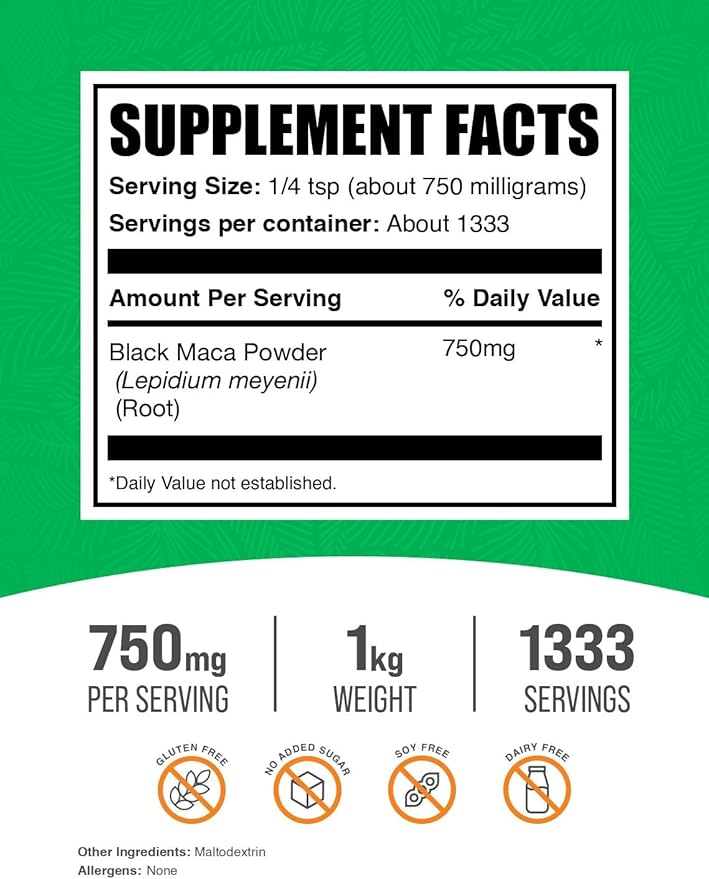 BulkSupplements.com Black Maca Powder - Black Maca Root Supplement Herbal Supplement for Men &amp Women - Vegan Gluten Free 750mg per Serving 1kg (2.2 lbs) (Pack of 1)