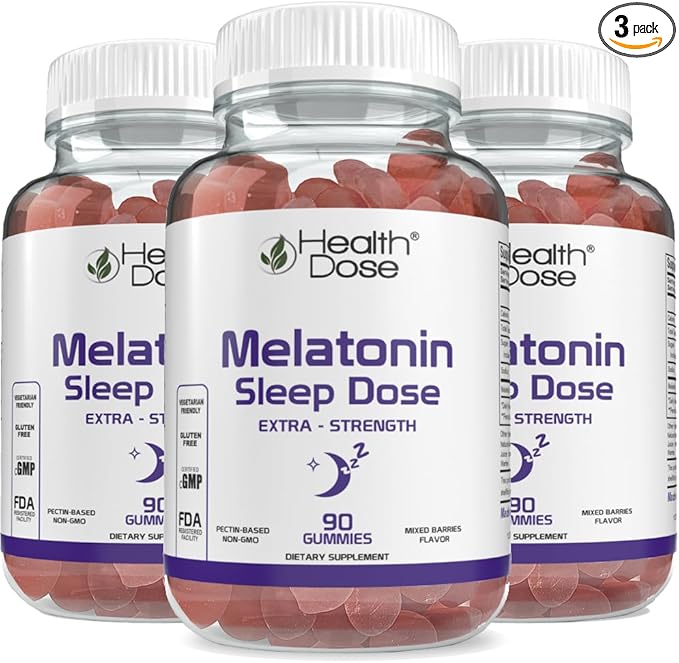 Health Dose Melatonin 6 mg Extra Strength Gummies Pre-Bedtime Supplement for Restful Sleep for Adults 90 Gummies Mixed Berries Pack of 3