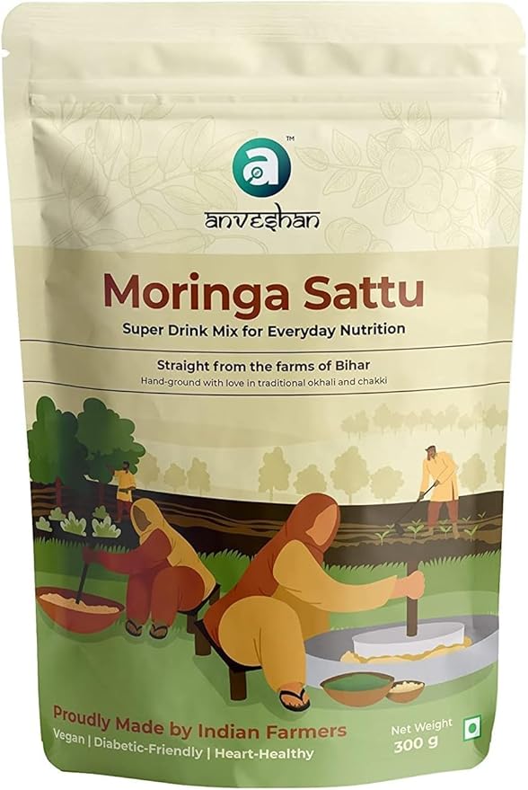 Moringa Sattu Drink Mix - 300g | Chana Sattu Protein Powder | Vegan Energy Drink | 8 Vitamin and Fibre Rich Nutrition Drink | 10.59 Ounce