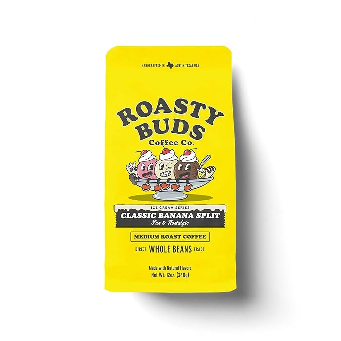 Roasty Buds Banana Split Whole Bean Coffee – 12oz Bag | Gluten-Free Non-GMO No Sugar Dairy Soy or Egg | Dessert-Inspired Bold &amp Smooth Medium Roast