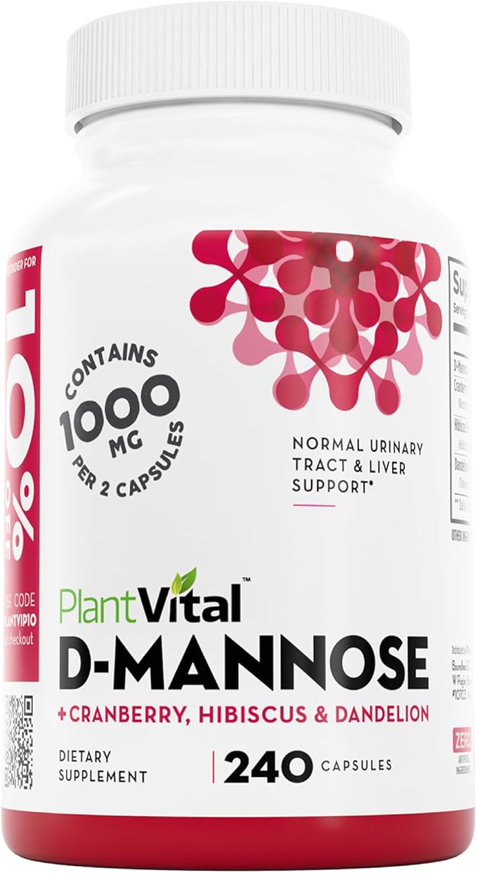 Plantvital D Mannose Capsules with Cranberry - D-mannose 1000mg Capsules - High Potency for Bladder Kidney and Urinary Tract Support. Cranberry Powder with Hibiscus and Dandelion.4 Months Supply