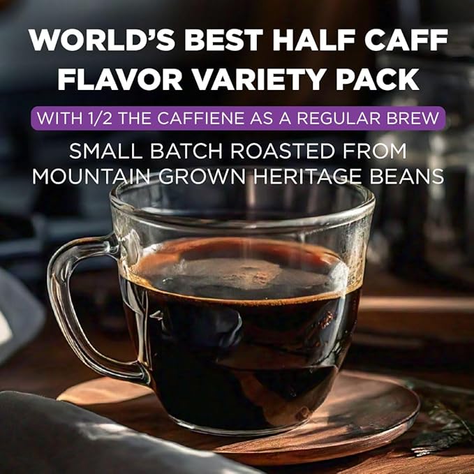 Maud's Half Caff Coffee Pods Variety Pack 48 ct 6 Assorted Flavors Medium Roast Coffee in Single Serve Pods – 100% Arabica Coffee Compatible with Keurig K Cups Maker