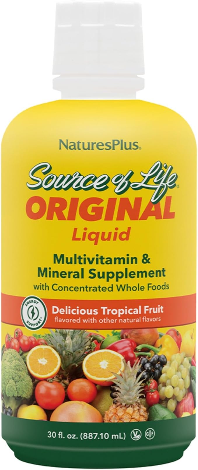 NaturesPlus Source of Life Liquid - 30 fl oz - Tropical Fruit Flavor - Wholefood Supplement Energy Booster Antioxidant - Vegetarian Gluten-Free - 30 Servings