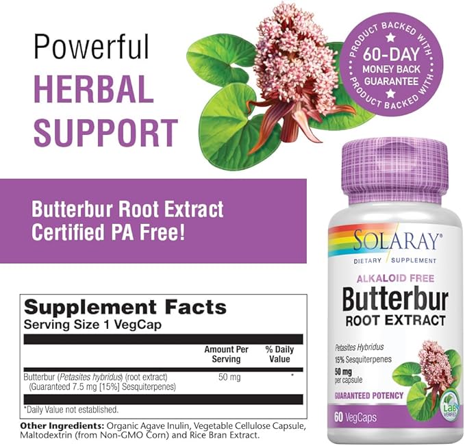 SOLARAY Butterbur Root Extract 50 mg Supplement for Men &amp Women - Powerful Herbal Support Vegan Butterbur Capsules - 60 Veg Caps