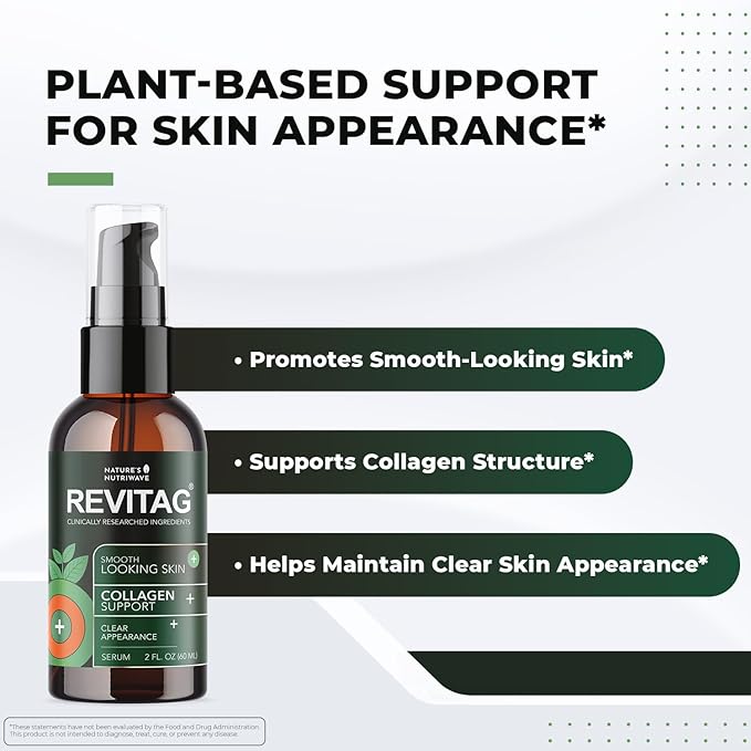 ReviTag Skin Serum – Natural Formula for Smooth Skin and Collagen Support – Non-GMO Easy to Use Made in GMP Facility Made in USA - 2 Fl. Oz 6 Month Supply