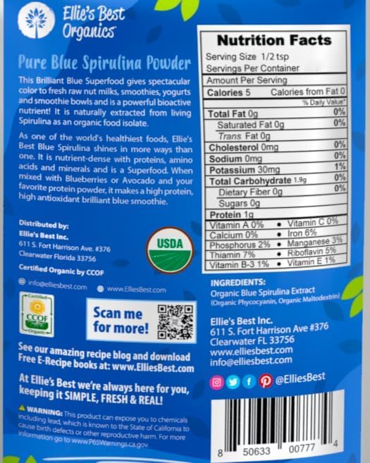 Ellie's Best Organic Blue Spirulina Powder Superfood Supplement - 5LB Bulk - Odorless - Vegan Non GMO Gluten-Free Dairy-Free Brilliant Blue Food Coloring - Pure Water Extracted