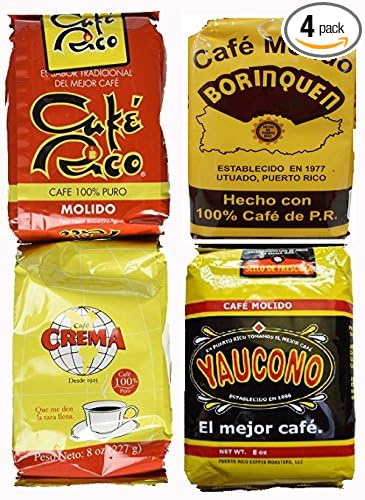 Puerto Rican Variety Pack Ground Coffee - 4 Local Favorites in 8 Ounce Bags (Borinquen Rico Yaucono and Crema) Includes Two Envelopes Of Sason Accent Seasoning