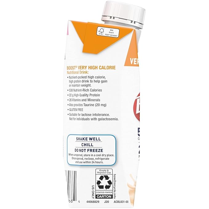 Boost Very High Calorie Nutritional Drink Very Vanilla Made with Natural Strawberry Flavor &amp No Artificial Flavors Colors &amp Sweeteners 8 FL OZ (Pack of 6)