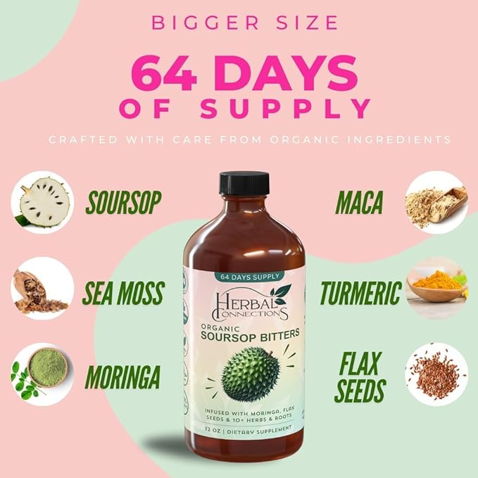 Soursop Bitters Liquid 32 Ounces - 64 Servings - 20 Herb Formula with Soursop Moringa Sea Moss Turmeric Ginger &amp Cayenne | Gut Health Natural Cleanse &amp Daily Wellness | Vegan &amp Organi