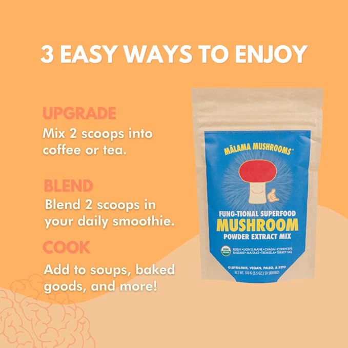 8-Mushroom Extract Powder by Malama Organic Body Mushroom Blend Featuring Lion's Mane Reishi Cordyceps Chaga Turkey Tail Superfood Adaptogenic