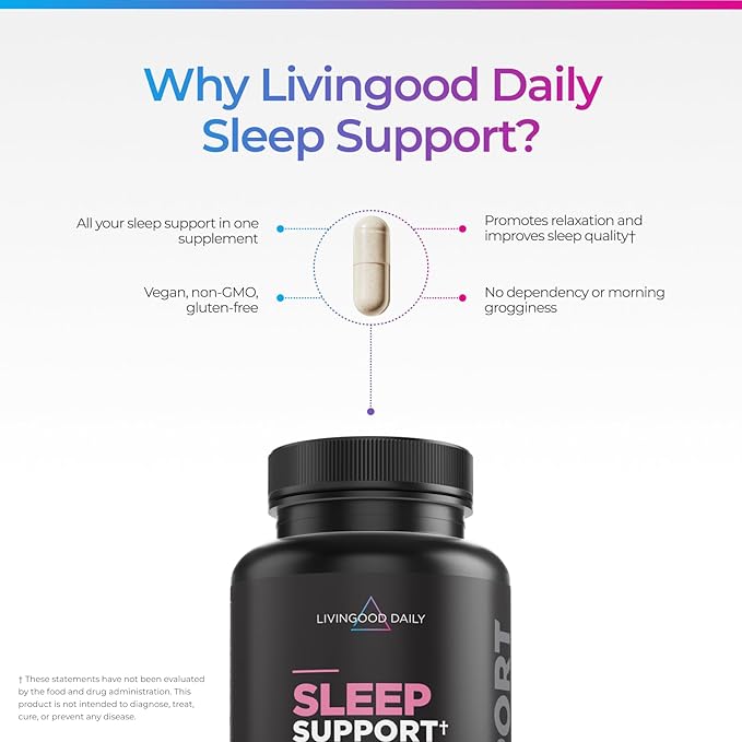 Livingood Daily Sleep Support Supplement 10-in-1 Natural Sleep Aid with 5 MG Melatonin Valerian Root Chamomile Tryptophan &amp GABA for Men &amp Women Non Habit Forming Gluten Free Vegan 60