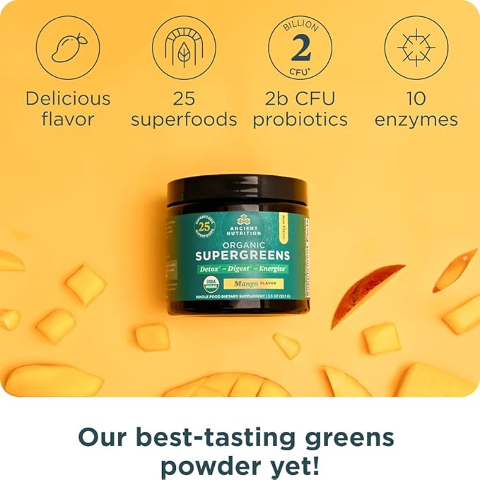 Ancient Nutrition Multi Collagen Protein Powder Unflavored 40 Servings + Organic Supergreens Powder Mango 12 Servings