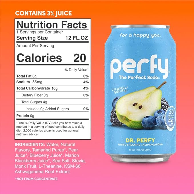 PERFY Caffeine Free Dr. Perfy Soda | Made With Real Fruit Juice - Low Sugar Nootropic Drink with L-Theanine + Ashwagandha | Calming Adaptogen Mocktail | Keto + GLP-1 Friendly | Sweetened with Stevia &