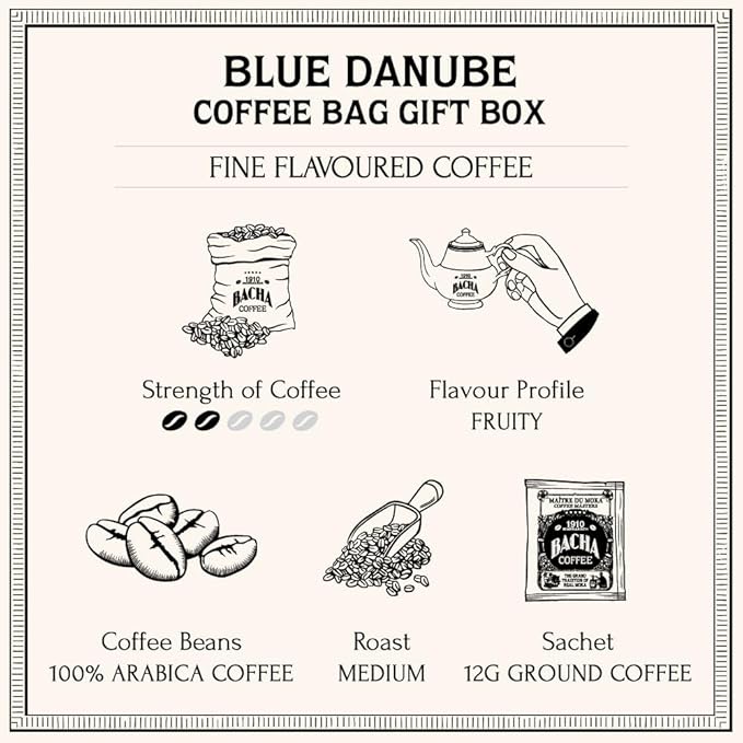 Bacha Coffee | Blue Danube Fine Flavoured Medium Roast 100% Arabica Specialty Coffee 12 Coffee Drip Bags Gift Box