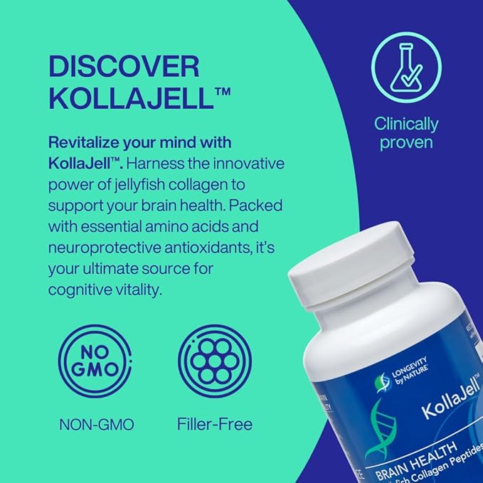 Longevity by Nature KollaJell Collagen Peptides Brain Supplement Memory Pills and Focus Supplement for Brain Health and Cognitive Support 60 Capsules