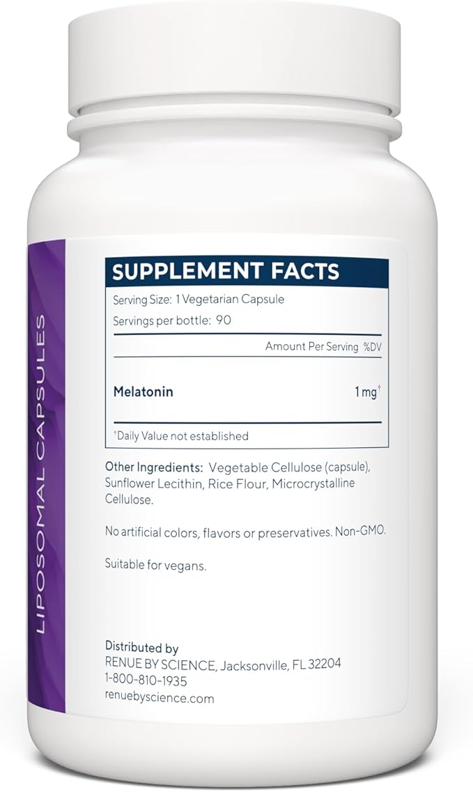 Renue By Science Melatonin | Liposomal Melatonina Supplement | 90 High Strength Melatonin Capsules - 1mg Melatonin per Serving | Sleep Aid Melatonin | Non-GMO | Made in The USA &amp Third-Party Teste