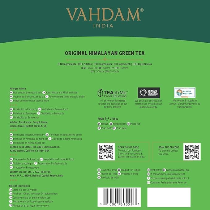 VAHDAM Organic Himalayan Green Tea (100 Count) High Grown Non GMO Gluten Free Low Caffeine | Earthy &amp Smooth | Resealable &amp Plant-Based Pyramid Tea Bags