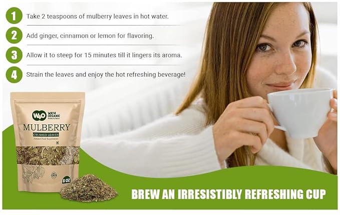 Mulberry Leaf Tea 8 Oz Dried Crushed Leaves Best Caffeine Free Tea - Way4Organic (8 Oz (2 Pack))