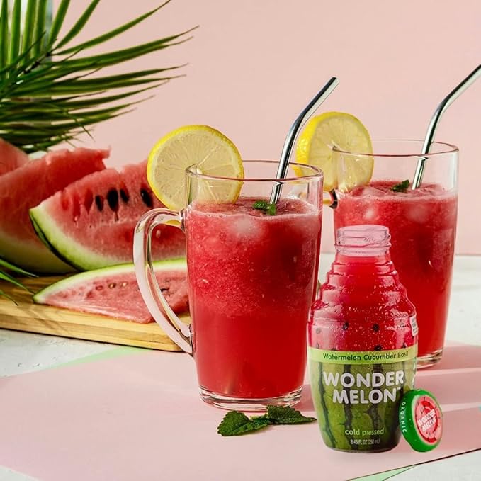 Wonder Melon Organic Watermelon Juice with Cucumber &amp Basil 8.45oz (6 Pack) 100% Juice Cold Pressed Best By: 6/27/2026