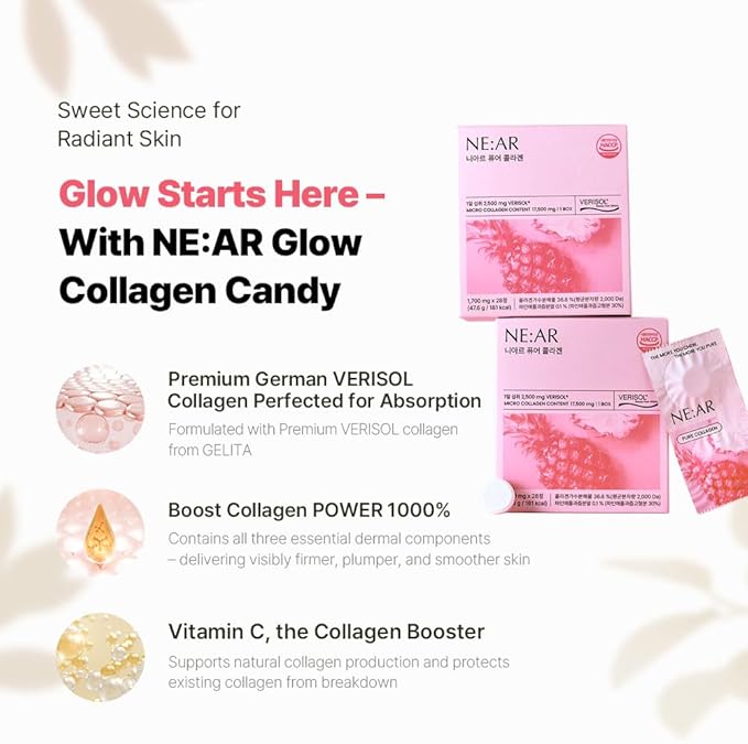 NE:AR Glow Collagen Chews – 2 500mg Peptides with Hyaluronic Acid &amp Vitamin C Tasty Easy Daily Support for Skin Hair Nails Pineapple Flavor