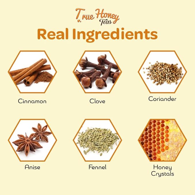 True Honey Chai Tea Bags - Providing Herbal Wellness - All Natural Organic Cinnamon Clove Coriander Anise and Fennel Black - Blended with Honey Crystals Blended - 24 Count