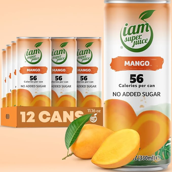 I am Superjuice Mango - Natural Fruit Juice Drink - Zero Added Sugar - Low in calories (56 per can) - 12 Pack x 11.16 FL OZ