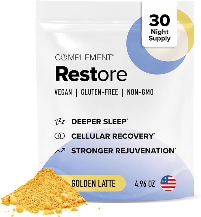 Complement Restore Golden Latte - Calm Magnesium Powder Reishi Ashwagandha Valerian &amp L-Theanine - Deep Sleep Aid Drink Nighttime Recovery Relaxation Adaptogens Mix - No Melatonin (30 Serving