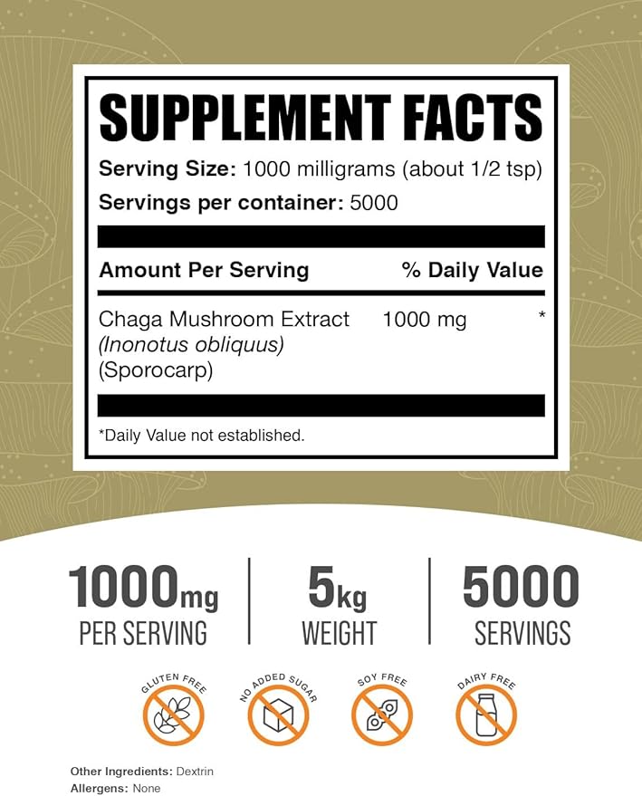BulkSupplements.com Chaga Mushroom Extract Powder - Mushroom Supplement from Chaga Mushrooms - 1000mg of Chaga Powder Extract per Serving Gluten Free (5 Kilograms - 11 lbs)