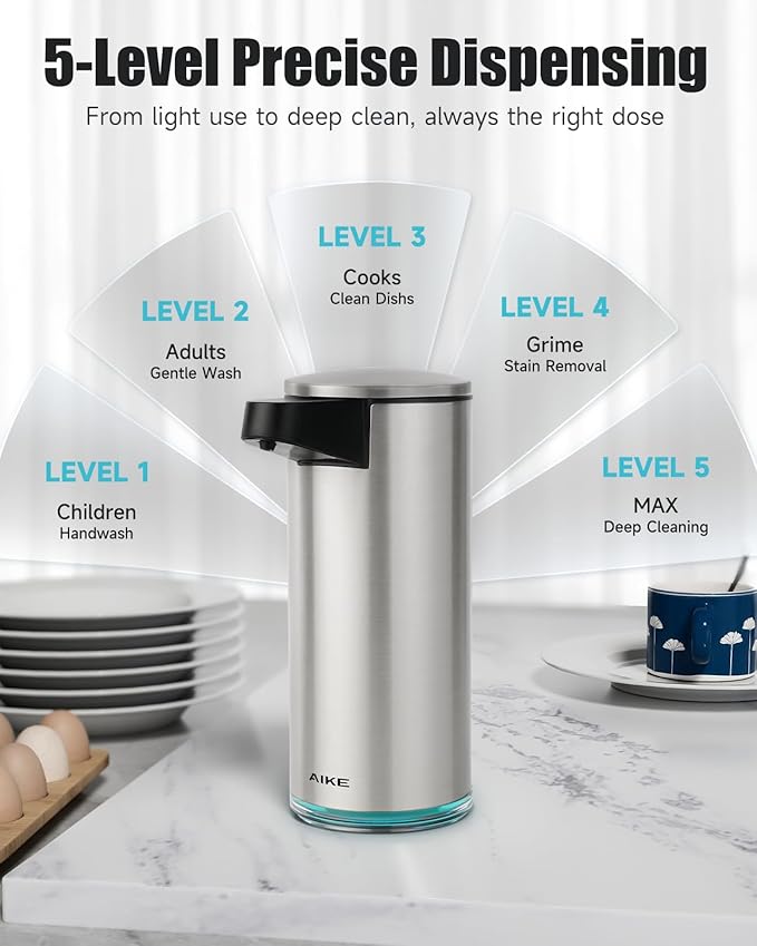 AIKE SensePro Automatic Soap Dispenser Type-C Rechargeable Brushed Stainless Steel Finish 12.8 fl.oz. for Liquid Soap