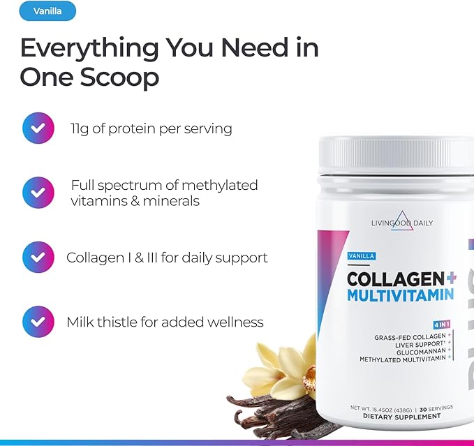 Livingood Daily Collagen Powder for Women and Men Vanilla Grass Fed Protein Hydrolyzed Collagen Peptides with Vitamin C &amp Multi Vitamins for Hair Skin Nail &amp Gut Health Gluten Free 30 S